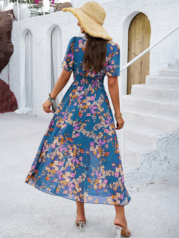 Elegant printed midi dress with floral print and slight elasticity for women’s fashion