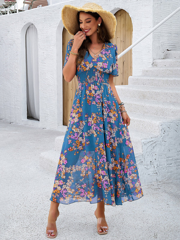Blue floral maxi dress with elegant printed design and slight elasticity for women