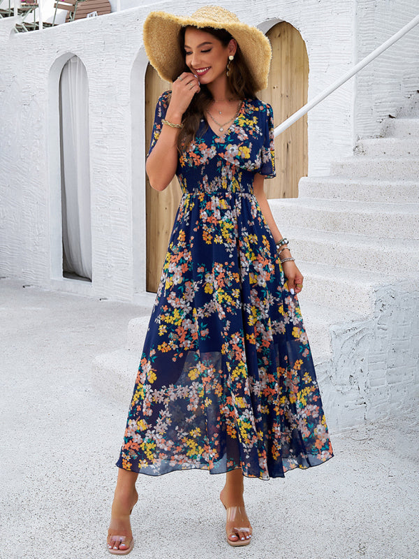 Elegant printed floral maxi dress with slight elasticity and random print for women