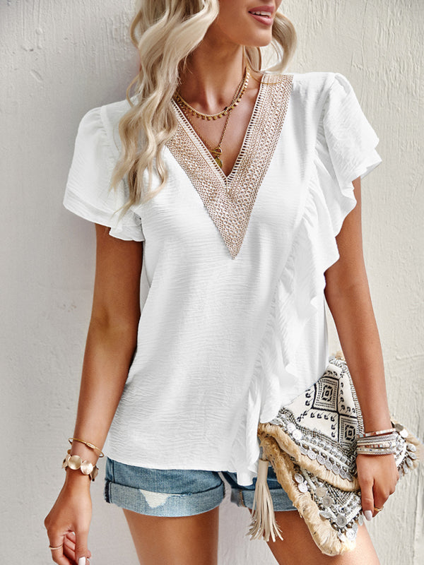 Women’s Elegant Solid Color V Neck Ruffle Short Sleeve Top - White / S