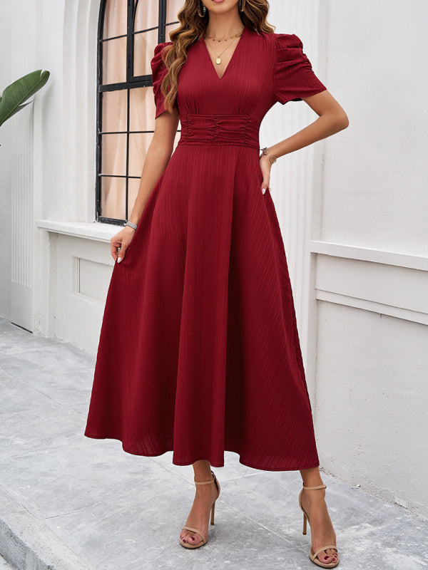 Elegant solid color Burgundy V-neck midi dress for women in waist style