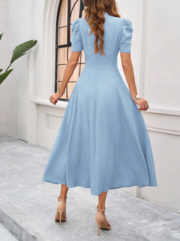 Light blue midi dress showcasing a women’s elegant solid color waist dress for stylish occasions