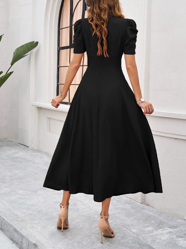 Elegant black solid color waist dress for women, perfect for sophisticated occasions