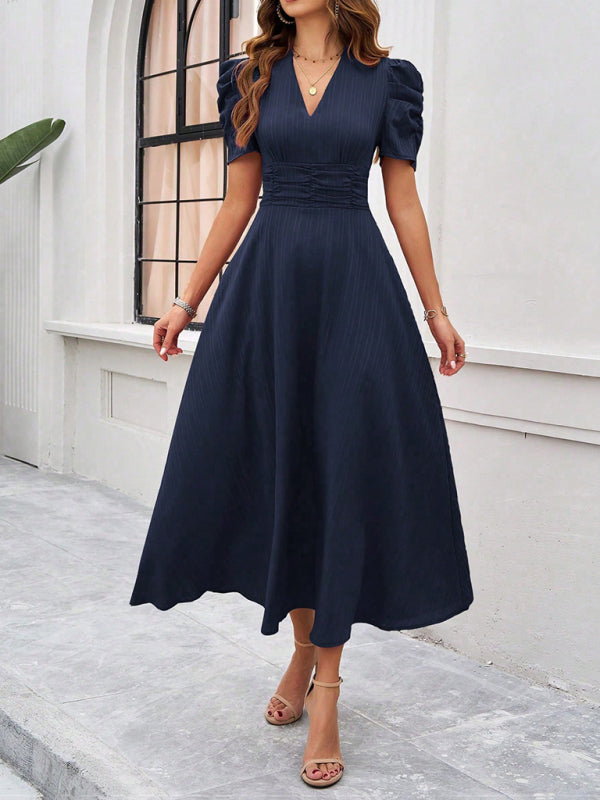 Navy midi dress with puff sleeves, women’s elegant solid color waist dress for formal occasions