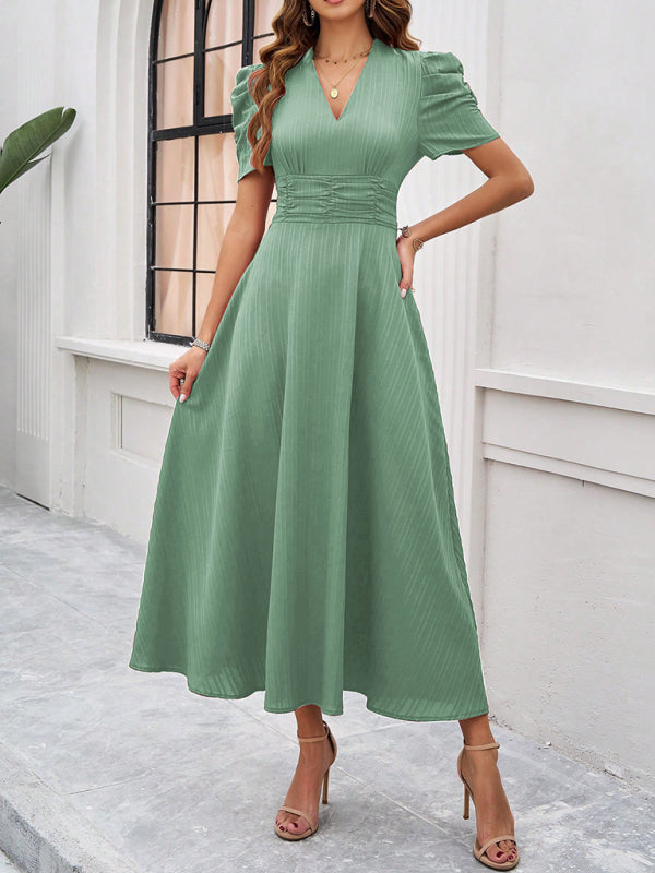 Elegant solid color green V-neck midi dress for women’s waist dress collection