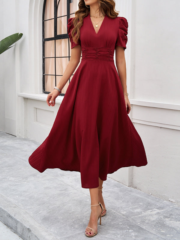 Elegant solid color Burgundy midi dress with puff sleeves for women’s formal occasions