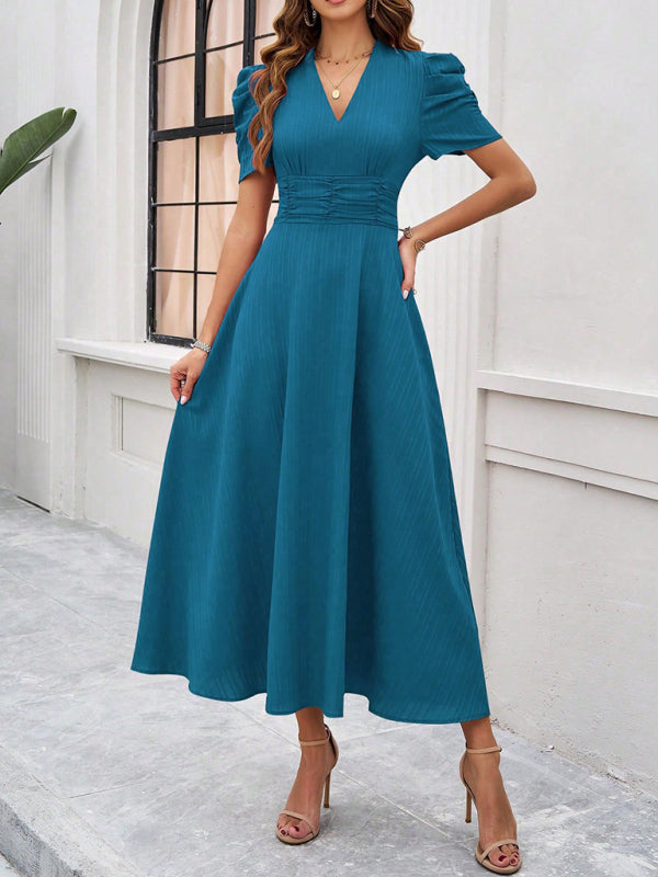 Elegant solid color teal midi dress for women, waist-focused designer dress