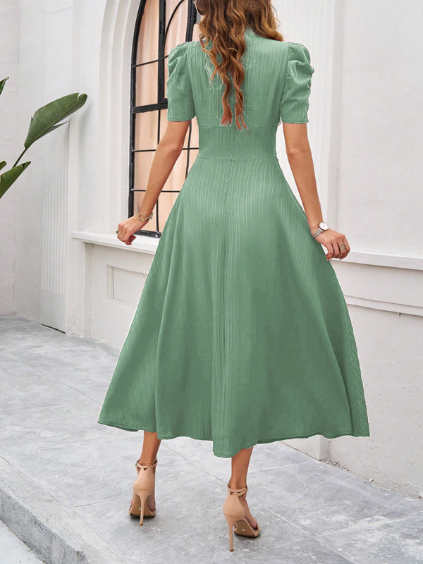 Green solid color midi dress with puff sleeves for women’s elegant waist dress collection
