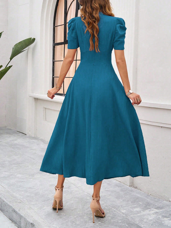 Elegant solid color teal midi dress for women, waist-length formal attire