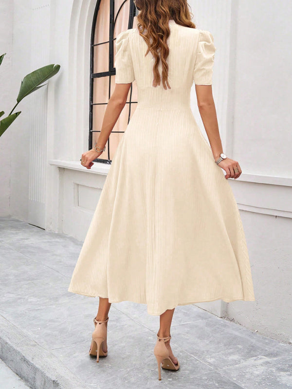 Cream-colored midi dress with puff sleeves from Women’s Elegant Solid Color Waist Dress collection