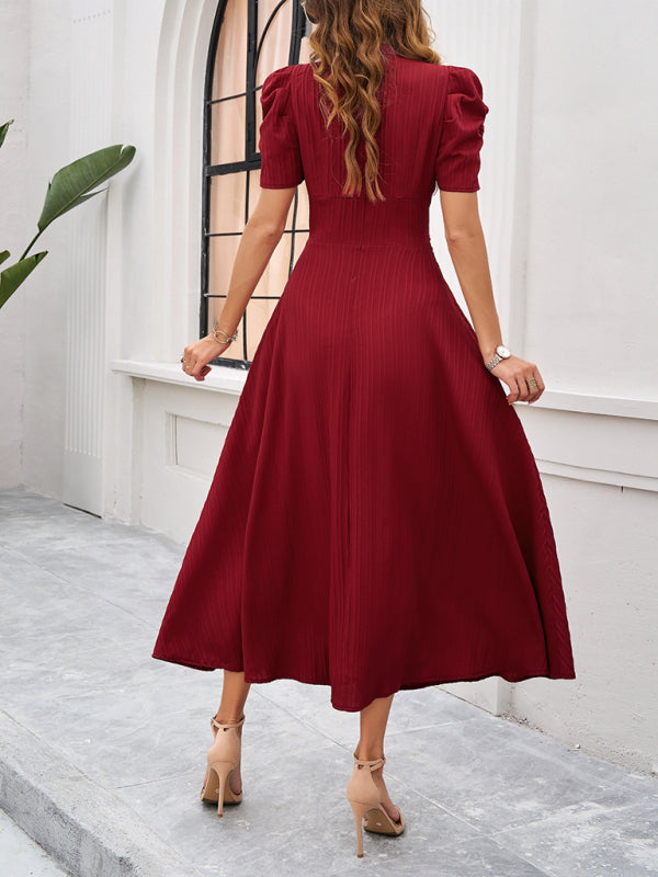 Elegant solid color Burgundy midi dress with puff sleeves for women’s waist dress collection