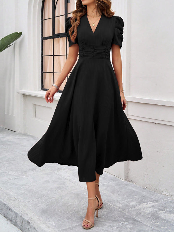 Elegant solid color black V-neck midi dress for women’s waist dress collection