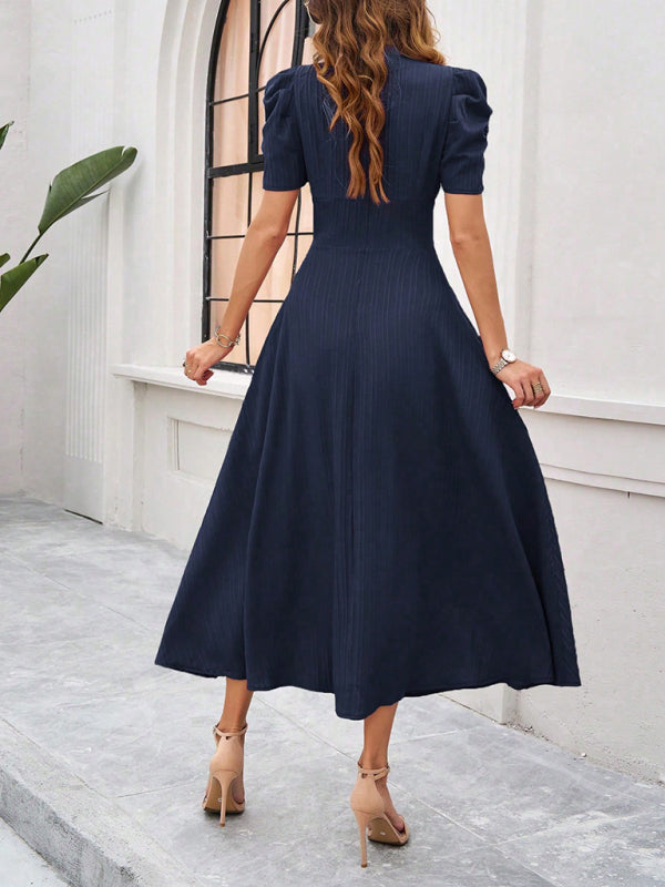 Elegant navy midi dress with puff sleeves, solid color waist dress for women