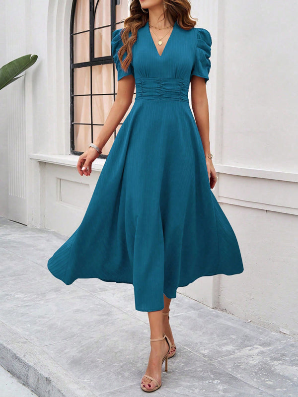 Teal solid color midi dress with puff sleeves, ideal for Women’s elegant waist dresses