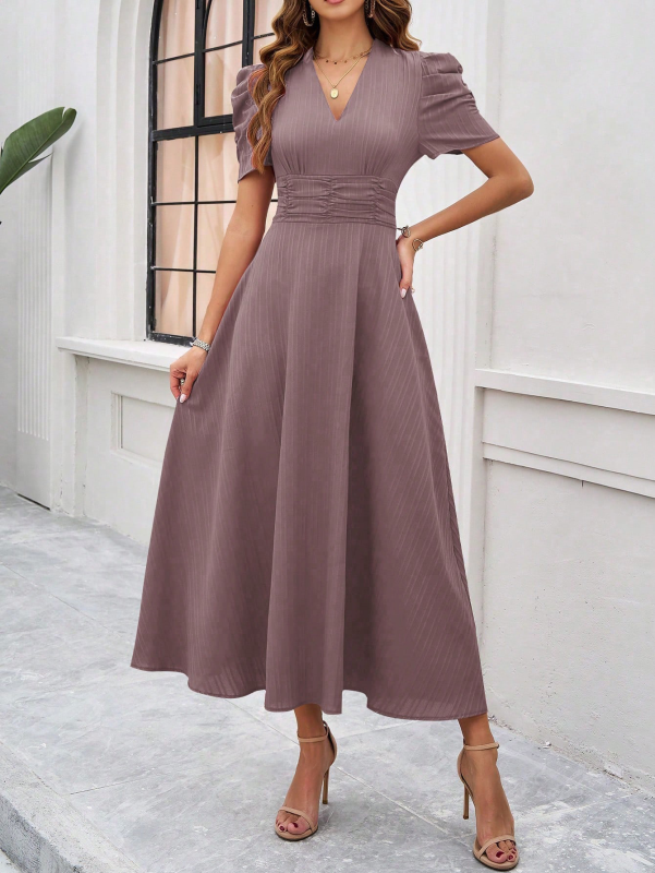 Mauve solid color V-neck midi dress for women from elegant waist dress collection