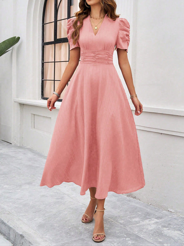 Pink midi dress with puff sleeves, women’s solid color waist dress for elegant occasions