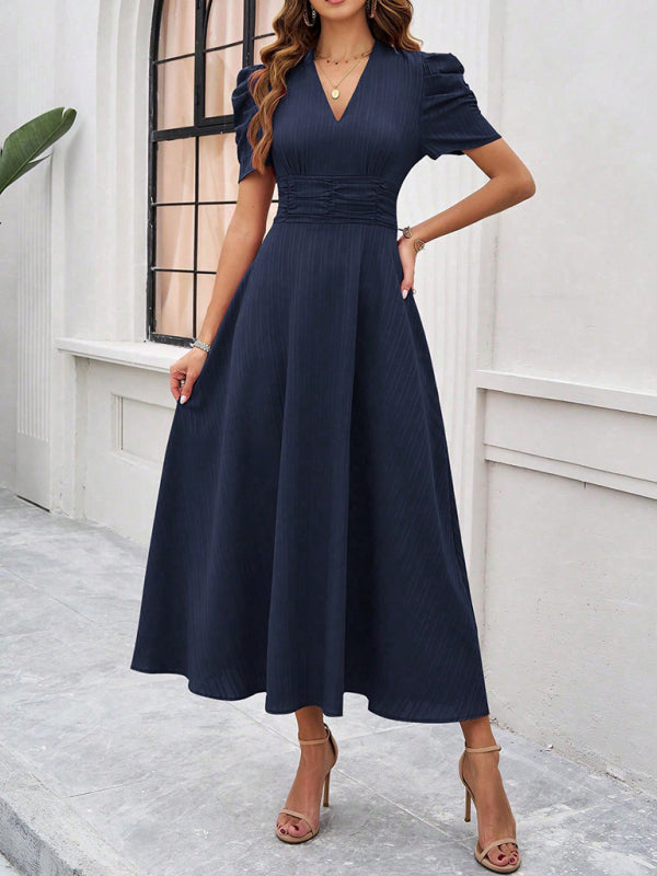 Navy blue solid color midi dress for women, elegant waist design stylish formal wear