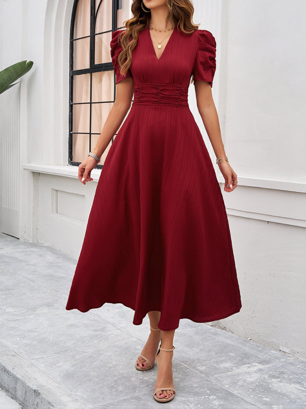 Elegant solid color Burgundy V-neck midi dress for women showcasing sophisticated style