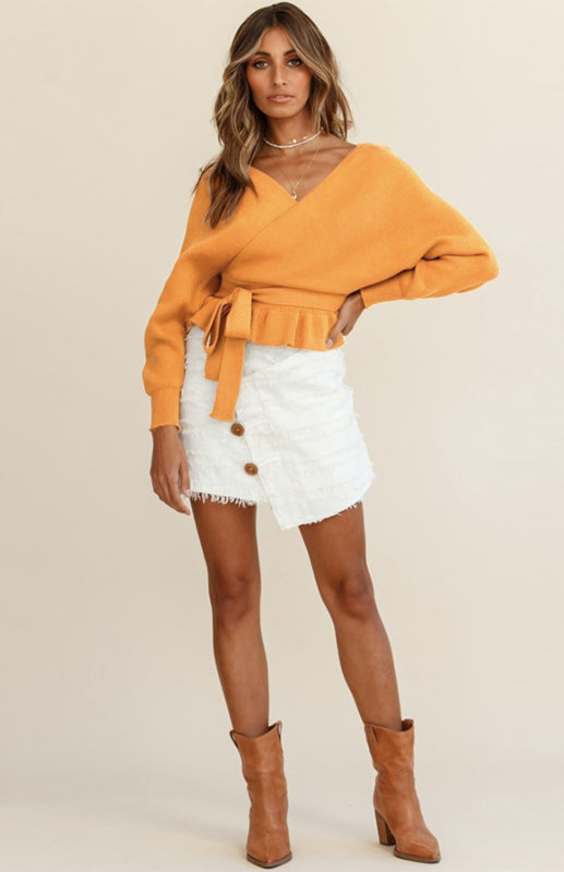 Women’s Fashion Casual Mock Wrap Knit Sweater - Golden yellow / S