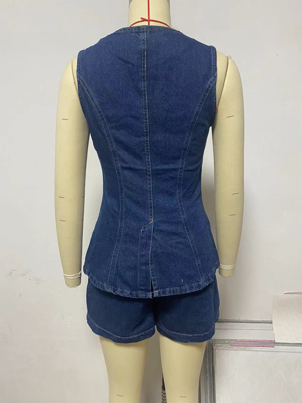 Women’s Fashion Casual Sleeveless High Waist Denim Shorts Set