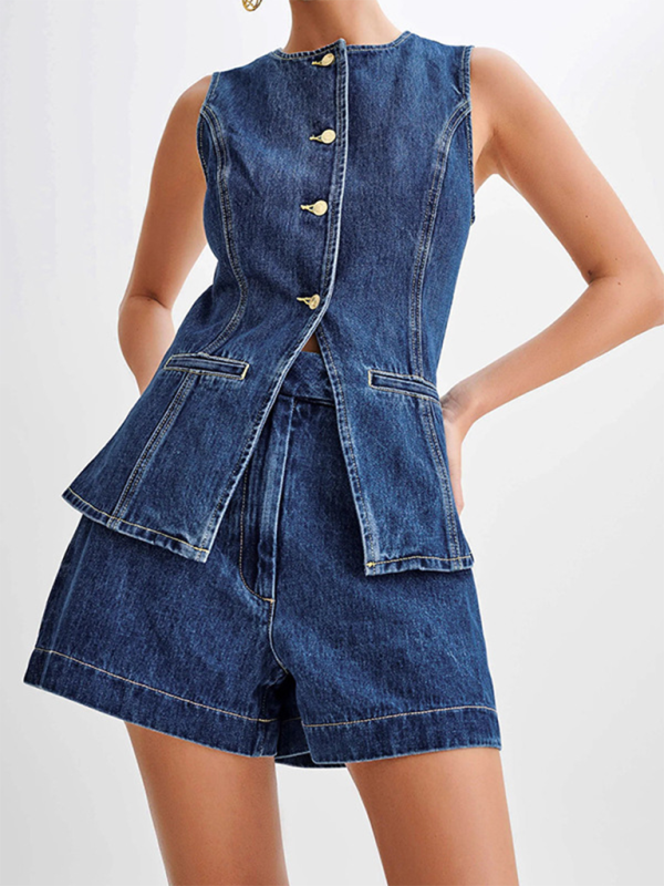 Women’s Fashion Casual Sleeveless High Waist Denim Shorts Set - Blue / S