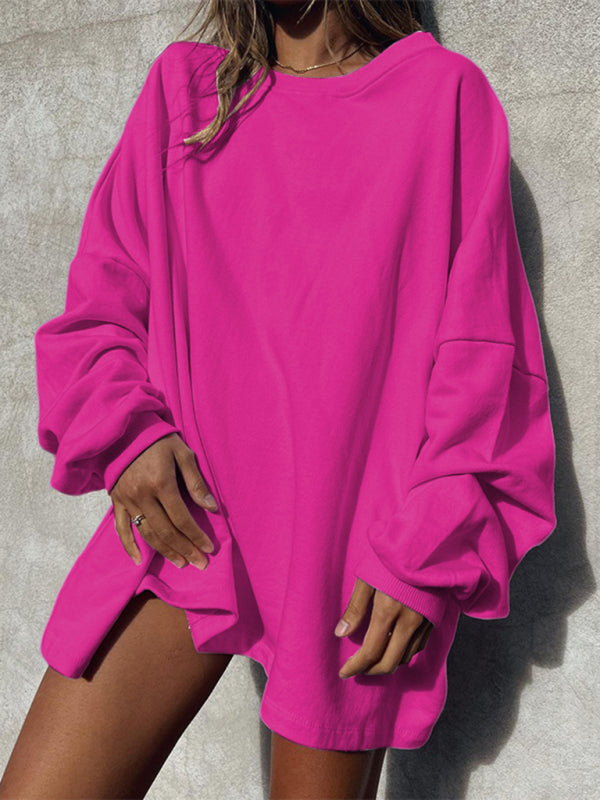 Women’s Fashion Casual Solid Color Loose Long Sleeve Round Neck Long Sweatshirt - Rose / S