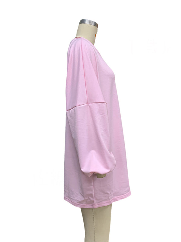 Women’s Fashion Casual Solid Color Loose Long Sleeve Round Neck Long Sweatshirt