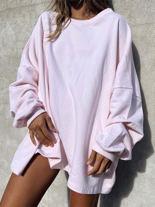Women’s Fashion Casual Solid Color Loose Long Sleeve Round Neck Long Sweatshirt - Pink / S