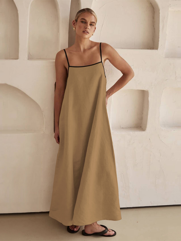 Women’s Fashion Casual Suspender Dress with Pockets - Brown / S