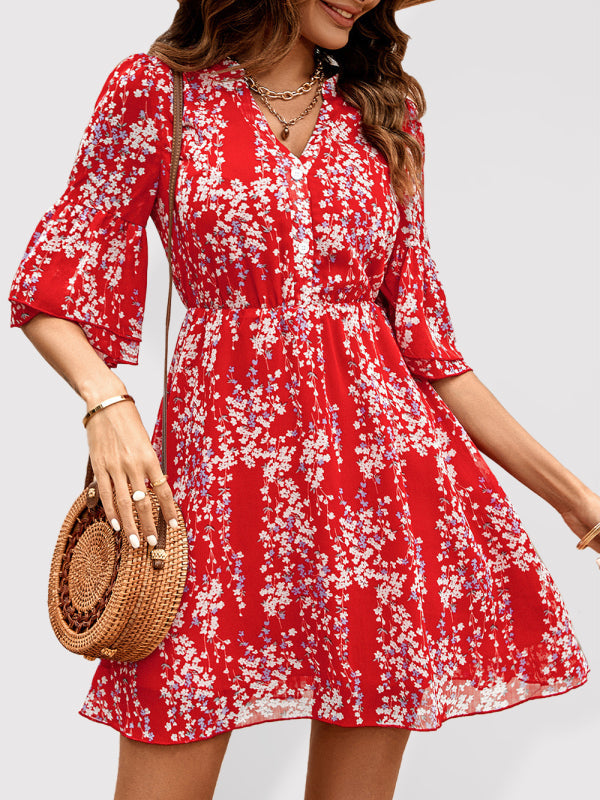 Women’s fashion casual V-neck half-sleeve printed dress for women - Red / S