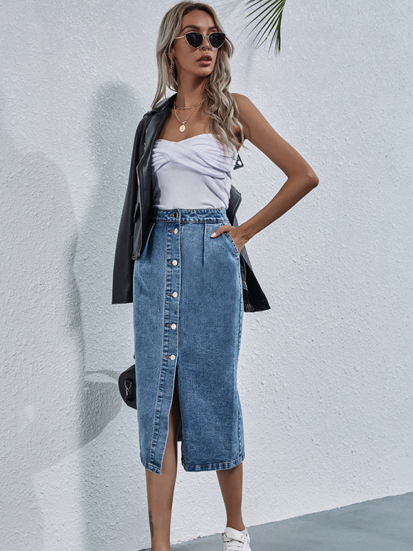Women’s Fashion High Waist Single Breasted Denim Skirt