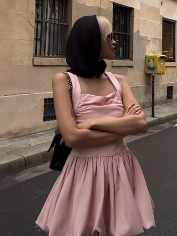 Women’s Fashion Hot Girl Suspender Puffy Dress - Pink / S