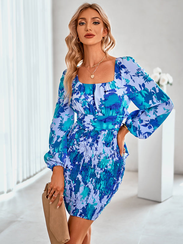 Women’s fashion long sleeve slim print bag hip dress