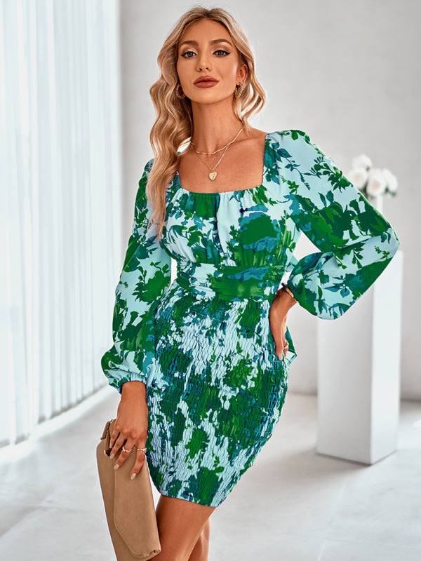 Women’s fashion long sleeve slim print bag hip dress - Green / S