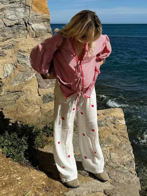 Women’s Fashion Love Pocket Plaid Long Sleeve Shirt