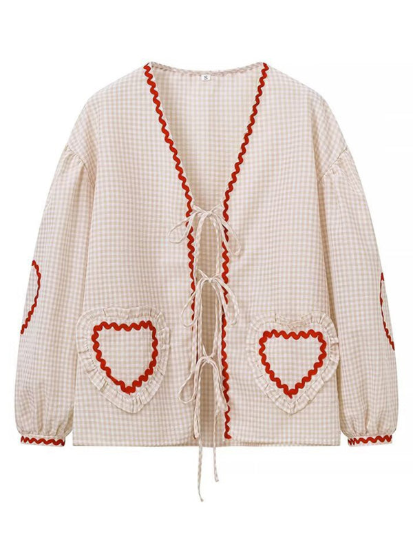 Women’s Fashion Love Pocket Plaid Long Sleeve Shirt