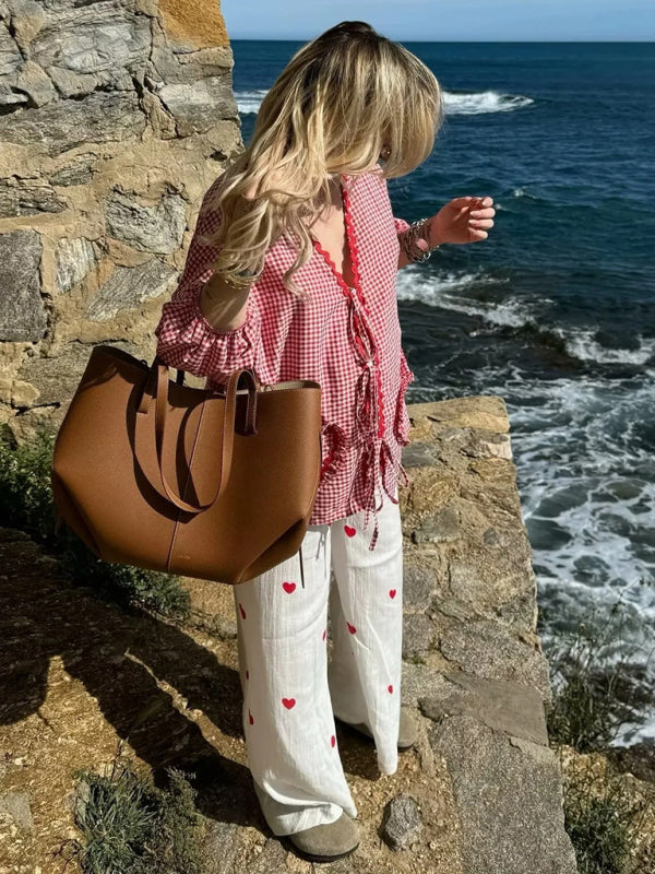 Women’s Fashion Love Pocket Plaid Long Sleeve Shirt