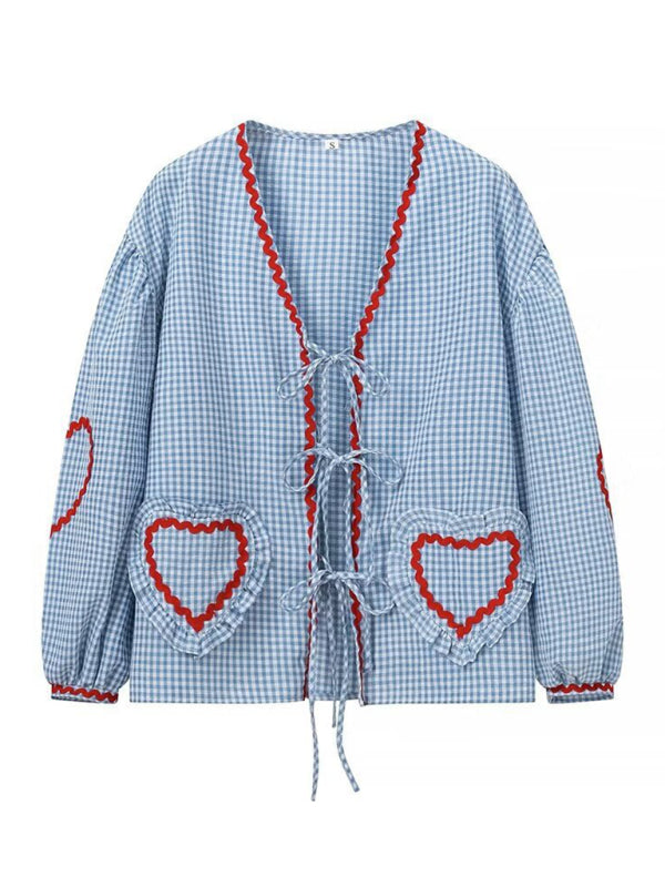 Women’s Fashion Love Pocket Plaid Long Sleeve Shirt