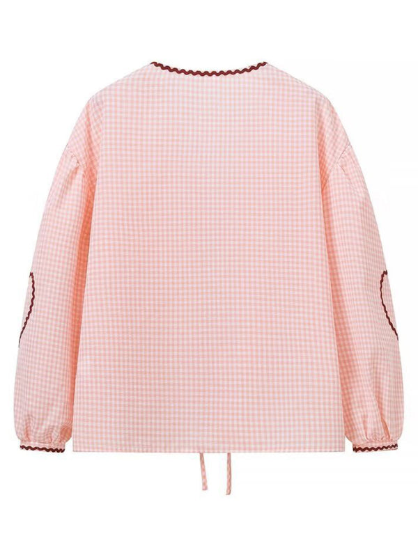 Women’s Fashion Love Pocket Plaid Long Sleeve Shirt