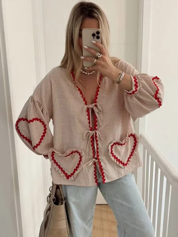 Women’s Fashion Love Pocket Plaid Long Sleeve Shirt - Cracker khaki / S