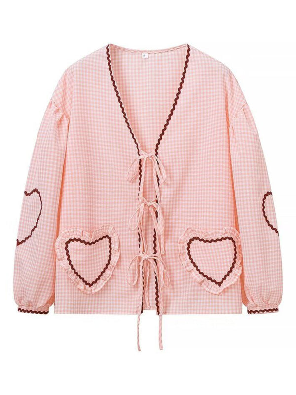 Women’s Fashion Love Pocket Plaid Long Sleeve Shirt - Pink / S