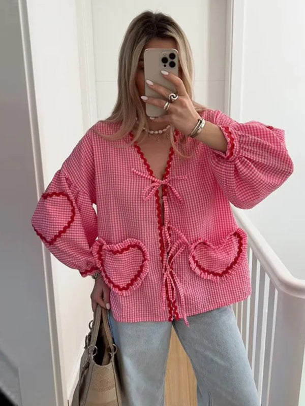 Women’s Fashion Love Pocket Plaid Long Sleeve Shirt - Red / S
