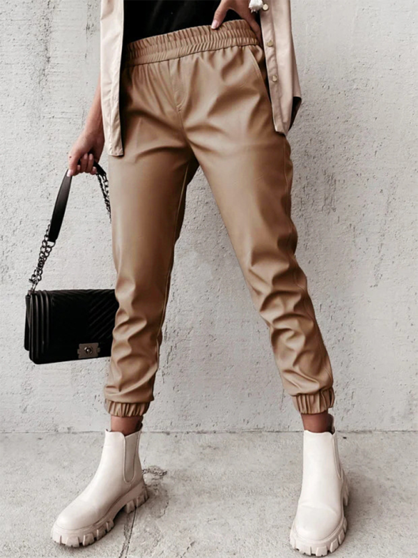 Women’s Fashion Mid Waist Casual Leather Pants - Khaki / S