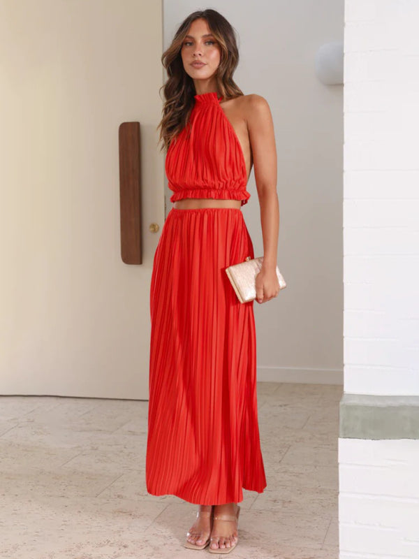 Women’s fashion new hot girl halter neck backless sexy strappy pleated long skirt suit - Red / S