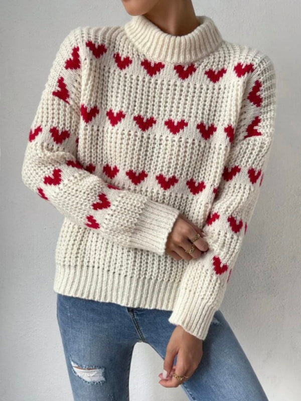 Women’s fashion new loose love jacquard pullover sweater - Cream / S