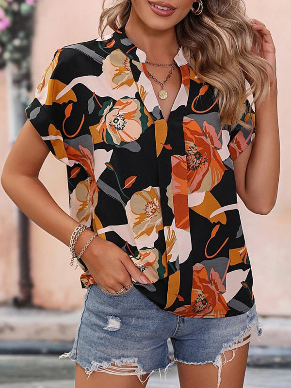 Women’s Fashion Painted Printing V-neck Short Sleeve Top