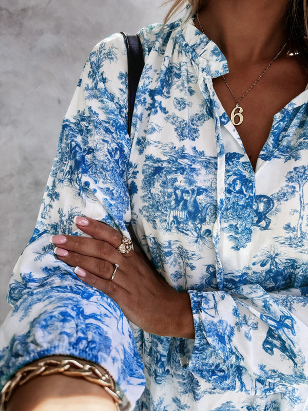 Women’s Fashion Print Ruffle Neck Long Sleeve Resort Dress