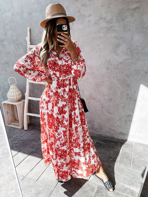 Women’s Fashion Print Ruffle Neck Long Sleeve Resort Dress - Red / L