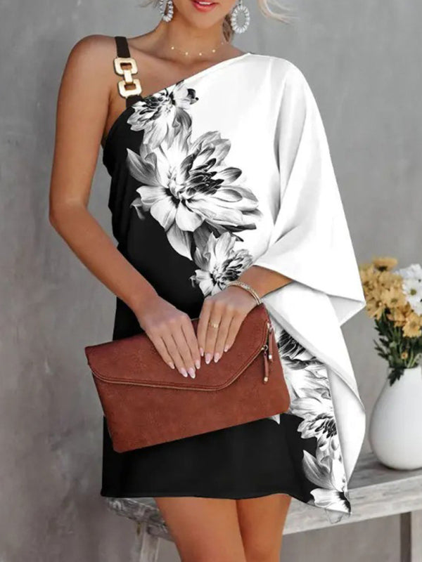 Women’s Fashion Print Sexy Diagonal Neck Strapless Dress