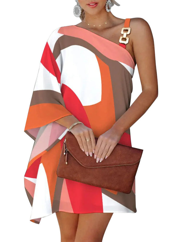 Women’s Fashion Print Sexy Diagonal Neck Strapless Dress